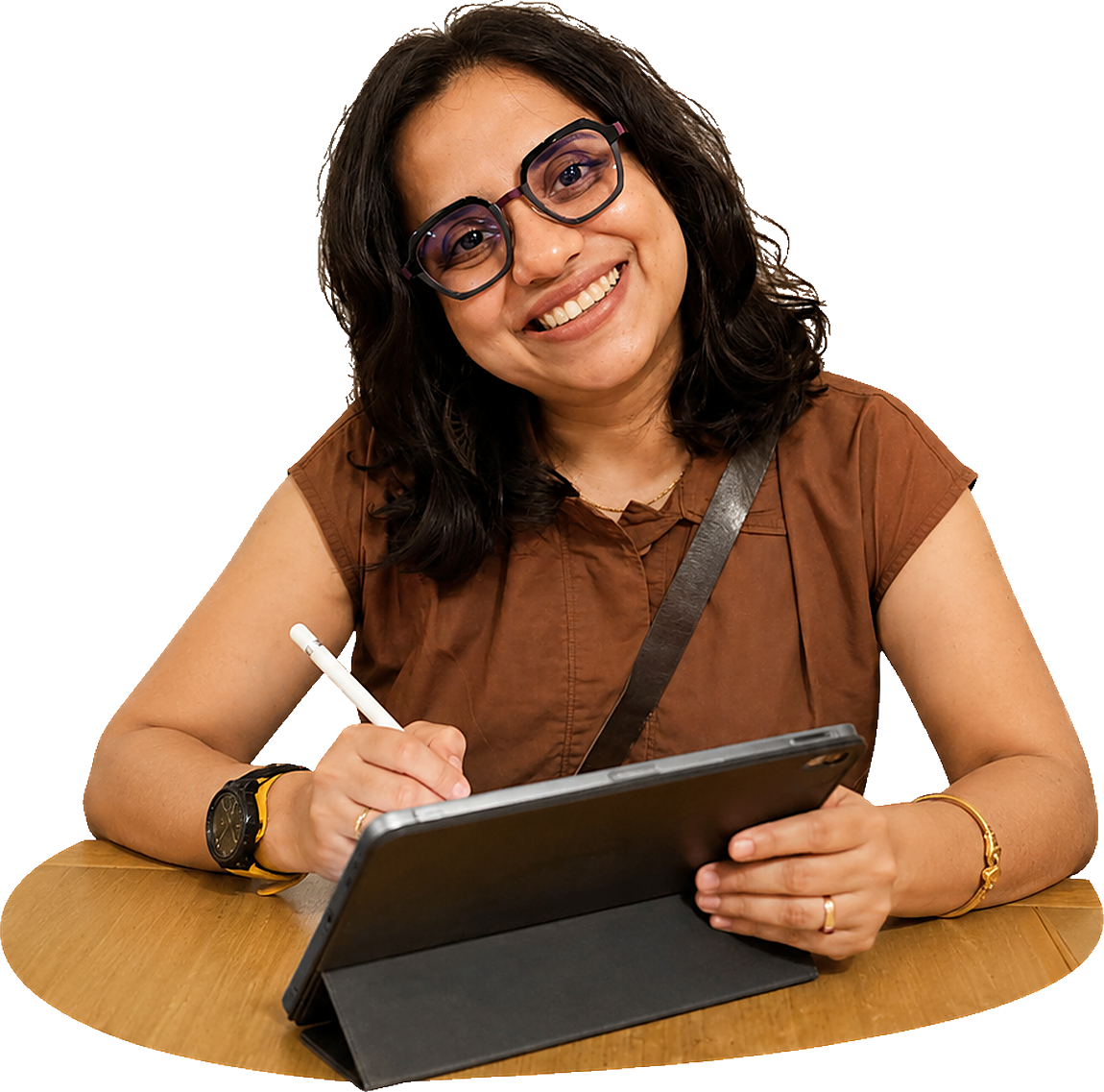 Illustration of Pratyusha writing on a tablet at her desk